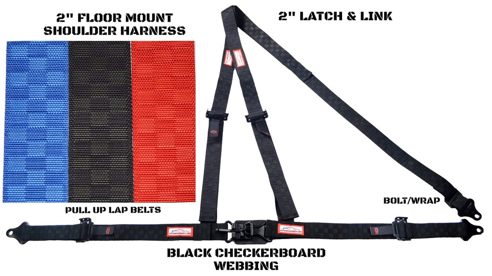 SANDRAIL HARNESS SEAT BELT PULL LAP BELTS 3 POINT BOLT IN BLACK CHECKERBOARD