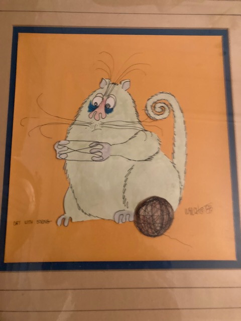 CATS CRADLE-TYPE ORIGINAL 1988 ART -"CAT WITH STRING" Signed BY WELCH & Framed