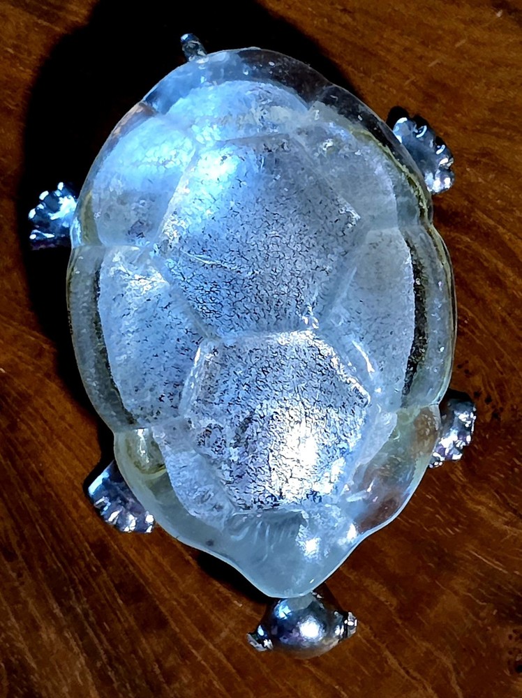 Glass Turtle Silverplated Feet Beautiful Unique EUC White