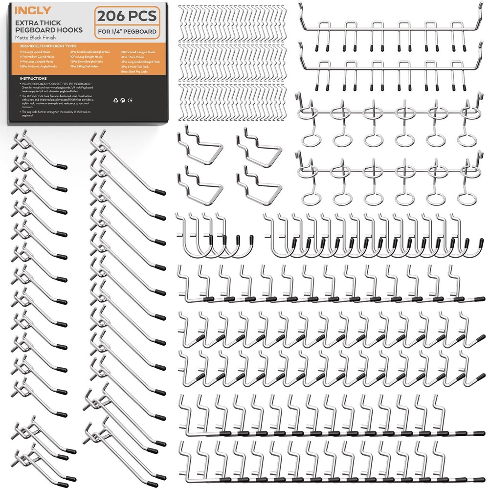 1/4" Pegboard Hooks Set for Hanging Tools 206PCS Heavy Duty Peg Hook Hanger &...