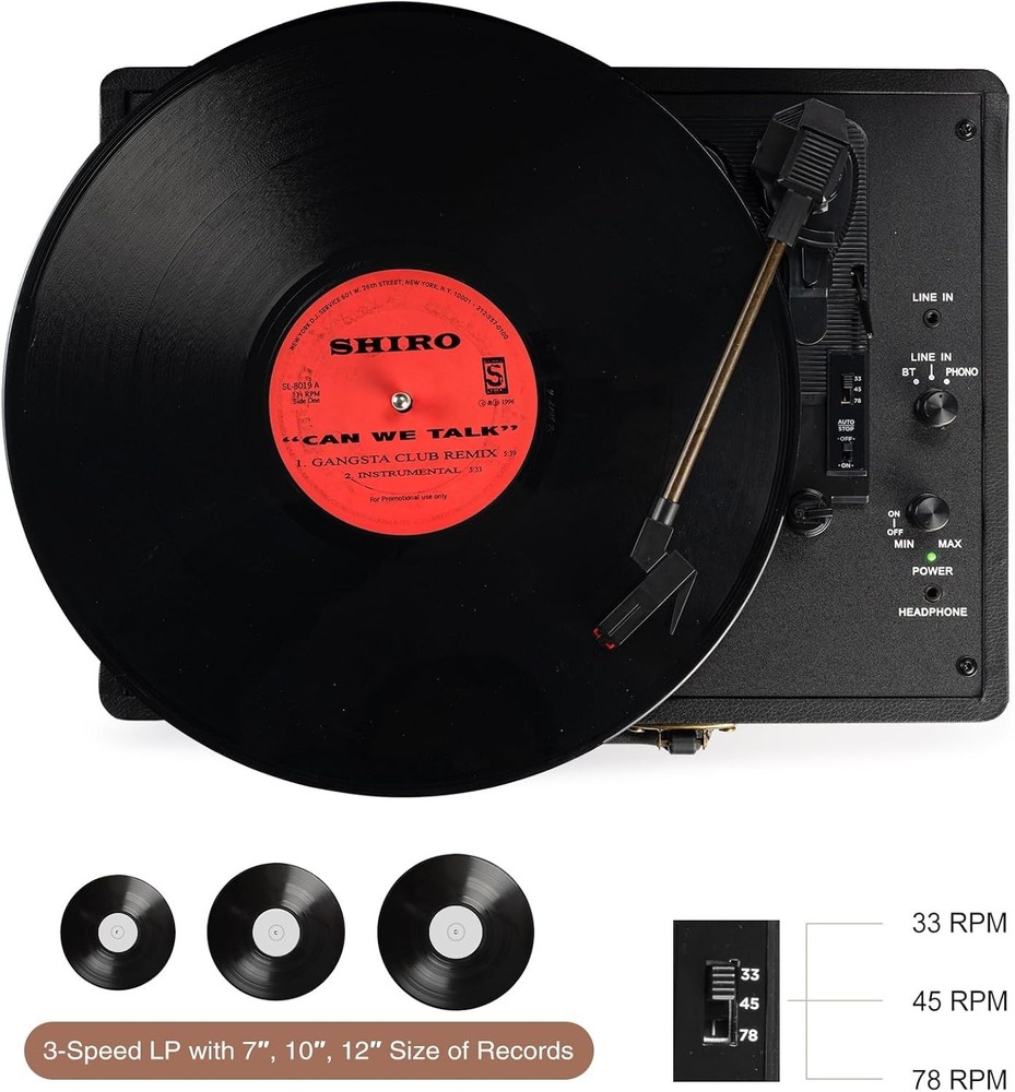 Vinyl Record Player 3-Speed Bluetooth Suitcase Portable Belt-Driven Record Pl...