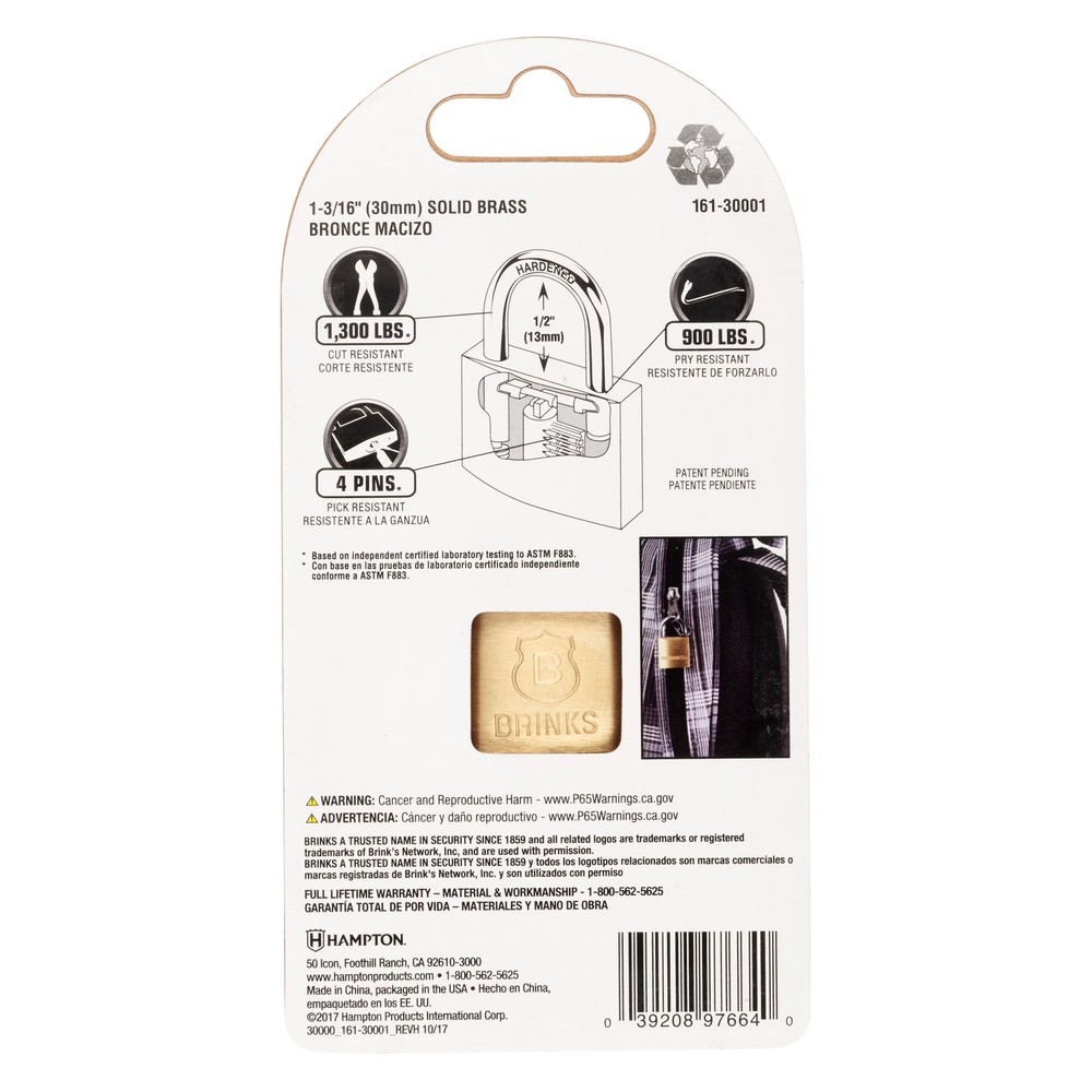 (3 pack) Brinks Solid Brass 30mm Keyed Padlock with 5/8in Shackle