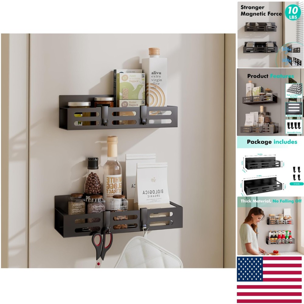 Sleek Black Magnetic Spice Storage Rack - Includes Hooks for Extra Convenience