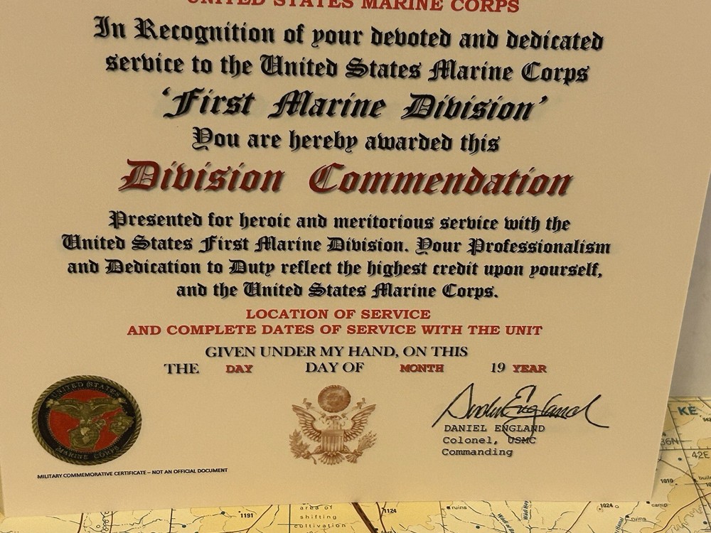 U.S.M.C. / FIRST MARINE DIVISION ~ DIVISION COMMENDATION REPLACEMENT CERTIFICATE