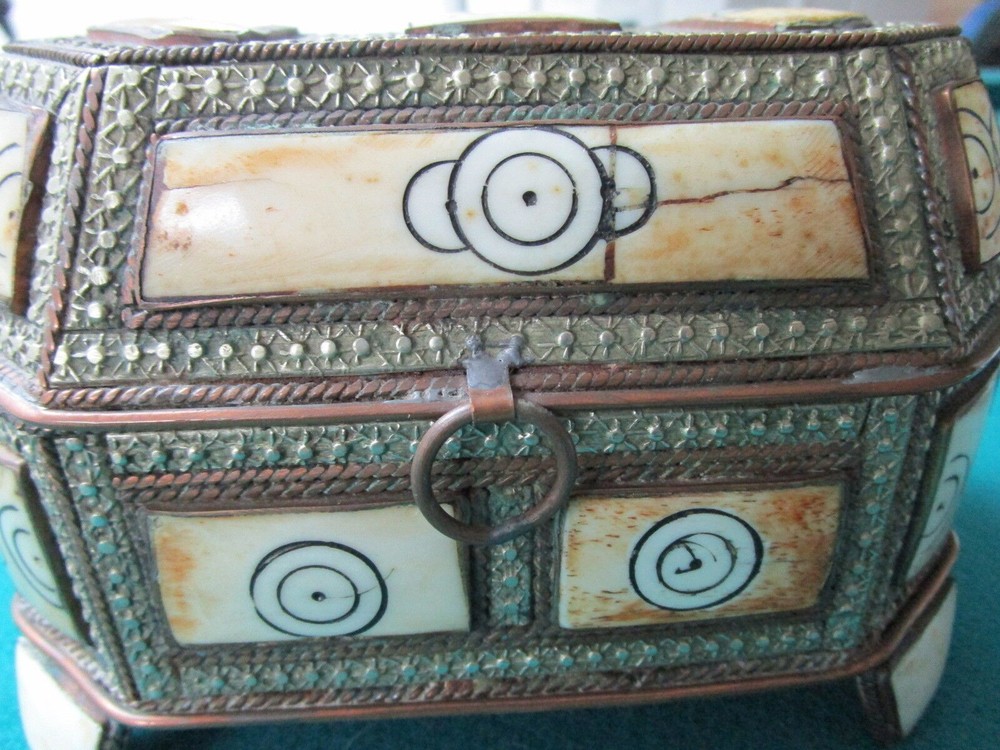 Middle Eastern antique camel bone brass handmade footed box leather original
