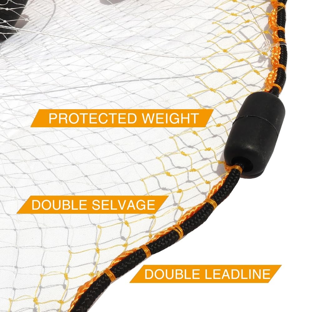 Pancake Cast Net, 6ft Radius with 3/8 inch Mesh, Protective Shell Iron 1.0LB ...