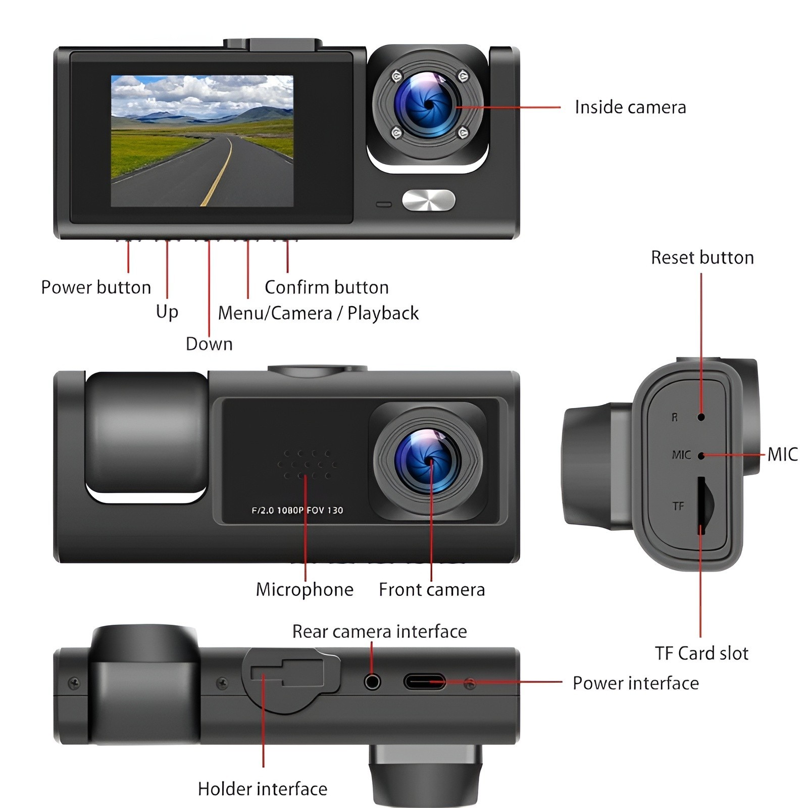 3 Lens Dash Cam Front Cabin Rear 1080P Night Vision, Parking Monitor, G-Sensor