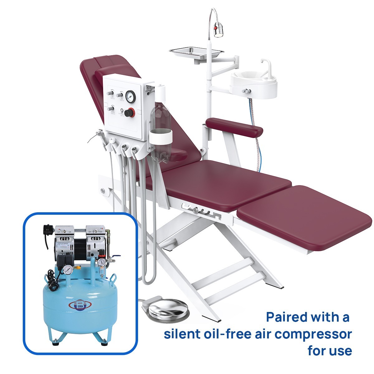 Sillón Dental Portátil Plegable con Unidad de Turbina Luz LED 4 Hole Wine Red