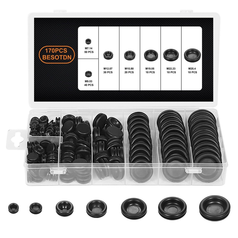 170PCS Rubber Grommet Kit - Closed Plug, Electrical Wire Black