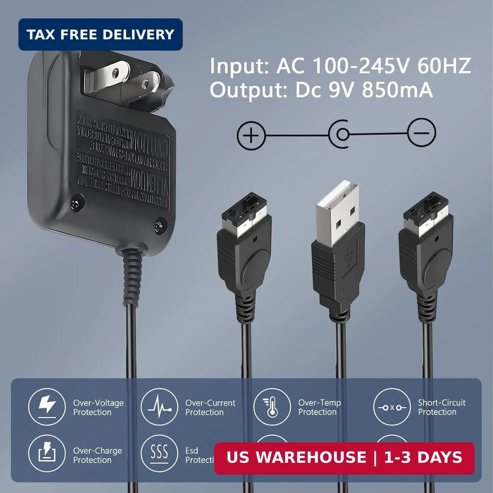 Gameboy Advance SP Charger - AC Wall Adapter & USB Charging Cable Compatible wit
