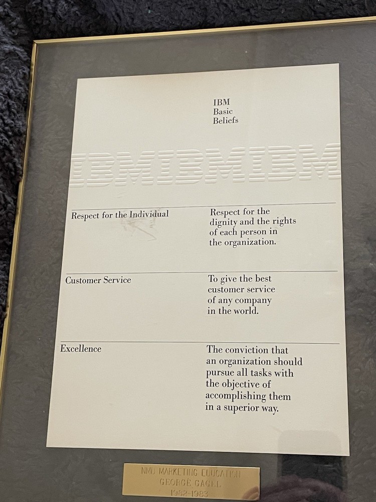 Vintage IBM Computer Framed Basic Beliefs Embossed Values Sign Document
