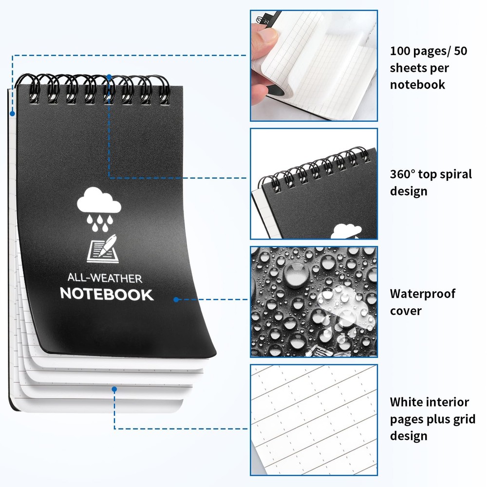 COIDEA 3 Pack Waterproof Notebook, 3 x 5 Pocket 3 x 5", 3 Pack, Black