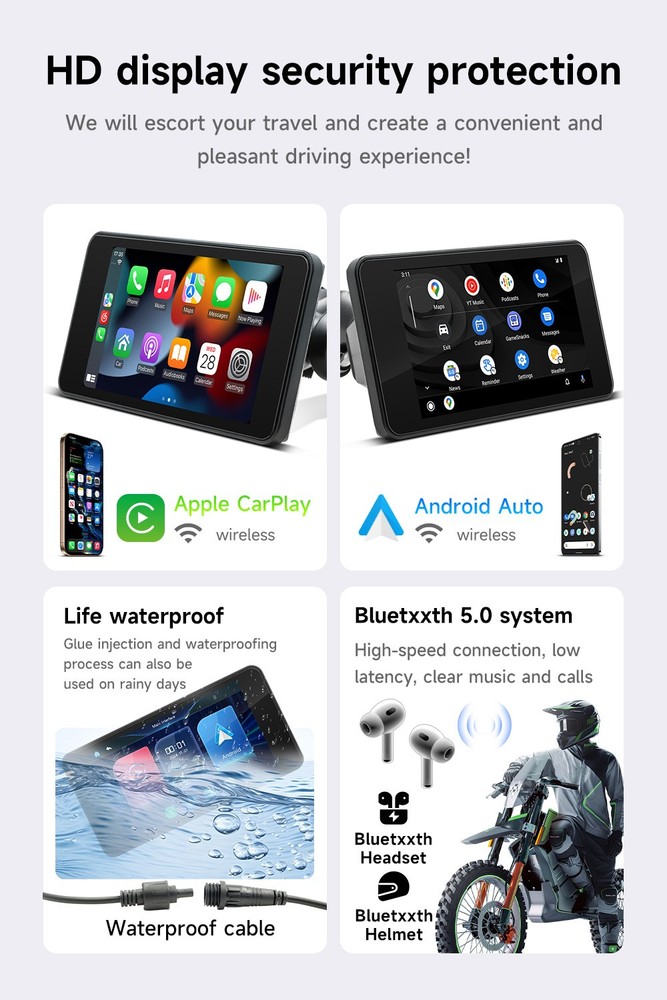 5" Waterproof Motorcycle Navigator Portable Wireless CarPlay Android Auto Screen