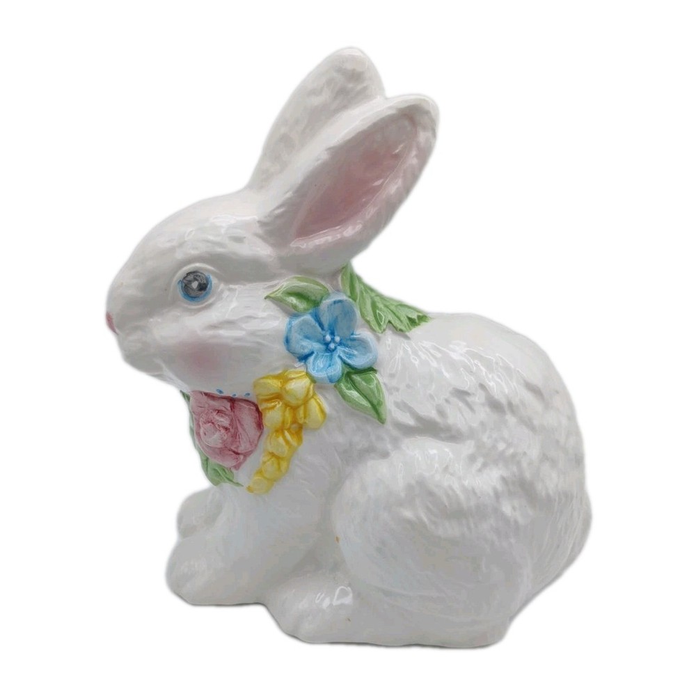 Easter Ceramic Bunny Rabbit Figurine Flowers Around Neck