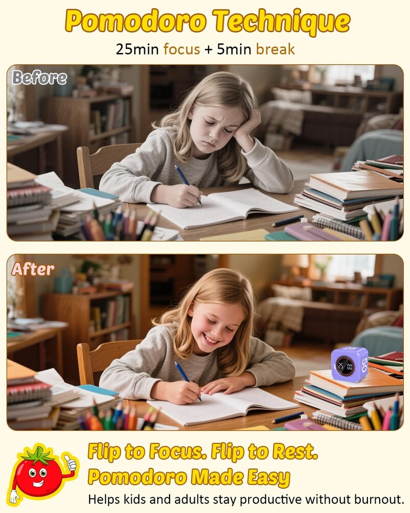Digital Pomodoro Timer Cube 5/10/25/50min, Visual Productivity Flip Timer for...