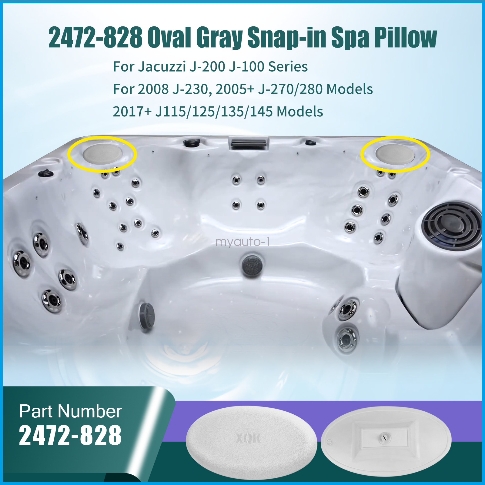 2472-828 2 Pack Oval Gray Snap-in Spa Pillow for Jacuzzi J-200 J-100 Series