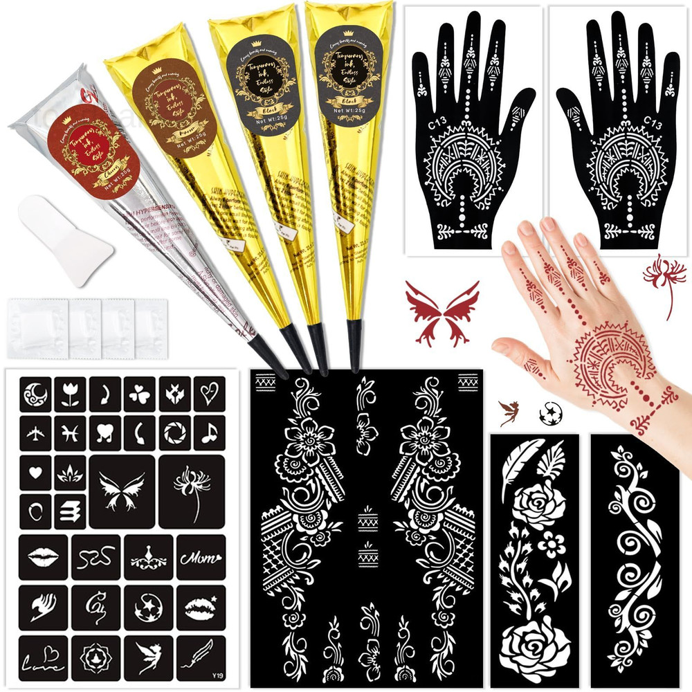 Temporary Stencils Tattoos Multiple Sizes, 4P-Red1 Black2 Maroon1
