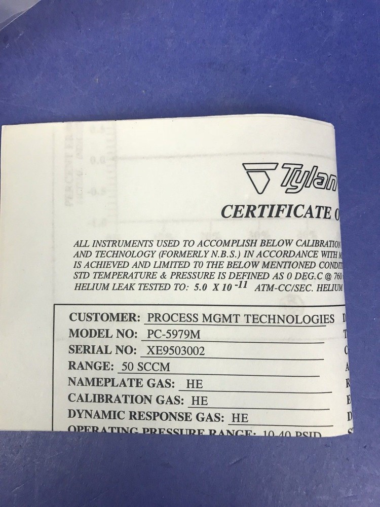 Tylan 2900 MFC PC-5979M Mass Flow Controller, 50 SCCM, HE, Block Mount, Rfrb