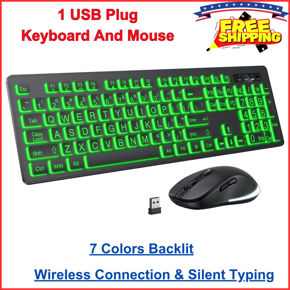 Large Print Wireless Keyboard & Mouse 7 Colors Backlit Keyboard, Oversize Letter