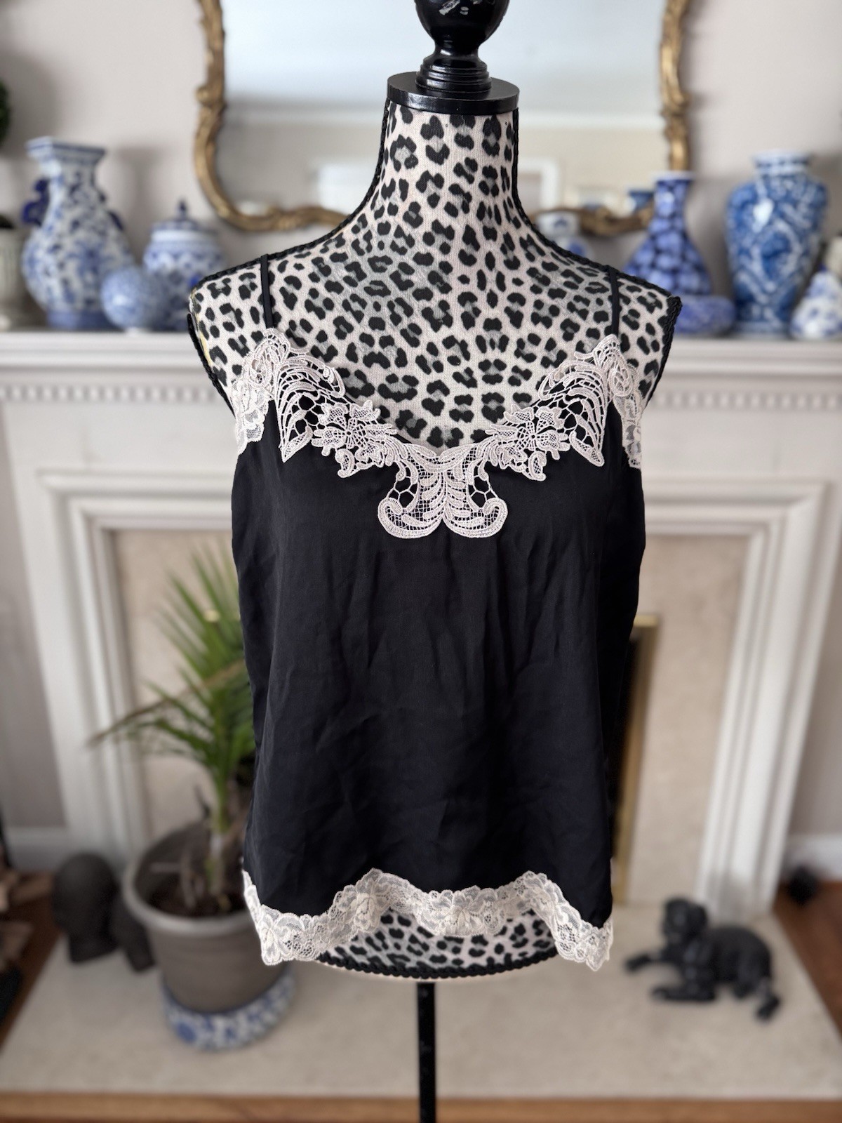 INC International Concepts Black Lace Trim Cami Top L Romantic Festival Fairy*