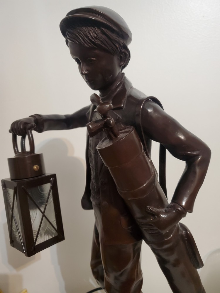 Bronze Boy Golfer Caddy Lantern Light Statue H 23"