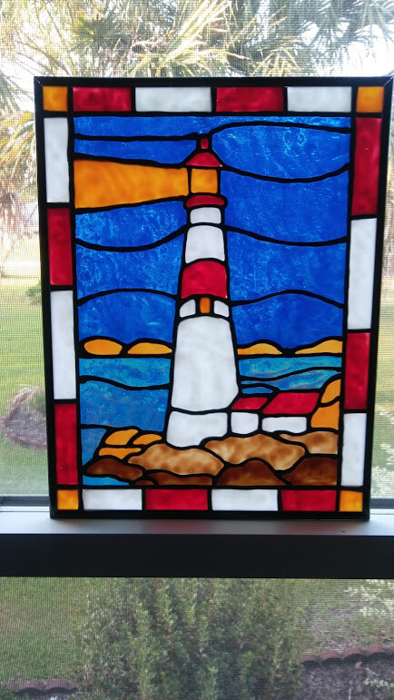 Lighthouse Nighttime Stained Glass Window Panel Hand Painted Suncatcher