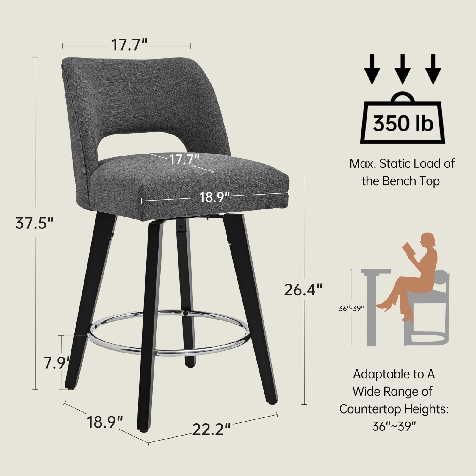 26 Upholstered Bar Stools Rubberwood Legs Supportive Back Set of 4