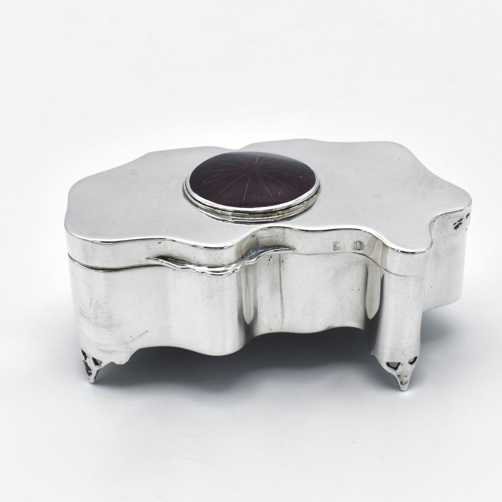 Edwardian Solid Silver & Enamel Jewellery Trinket Box 1909 Unusual Shape