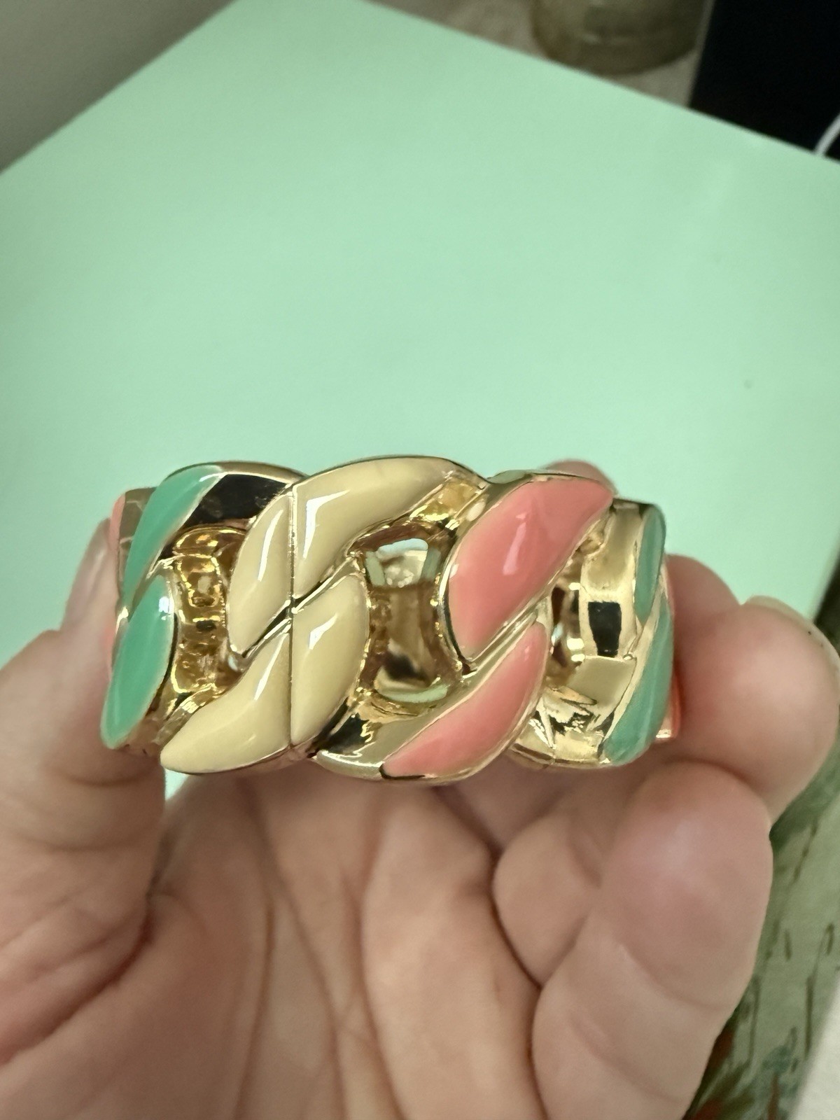 Vtg. Bracelet Gold Tone Enamel Hinged Clamp Openwork Spring colors