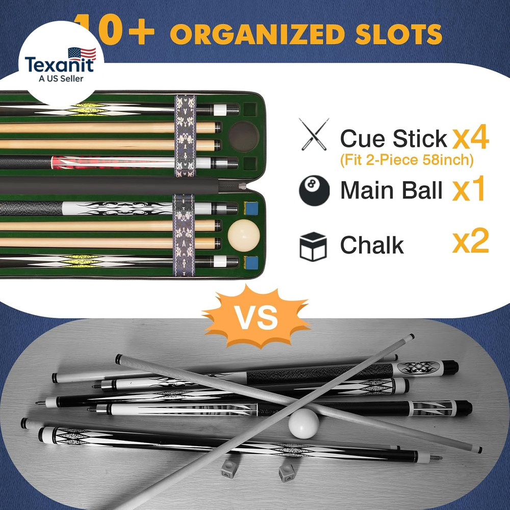 Pool Cue Case, Hard Shell Pool Stick Case 4X4 with 10 Padded Slots, Heavy-Duty B