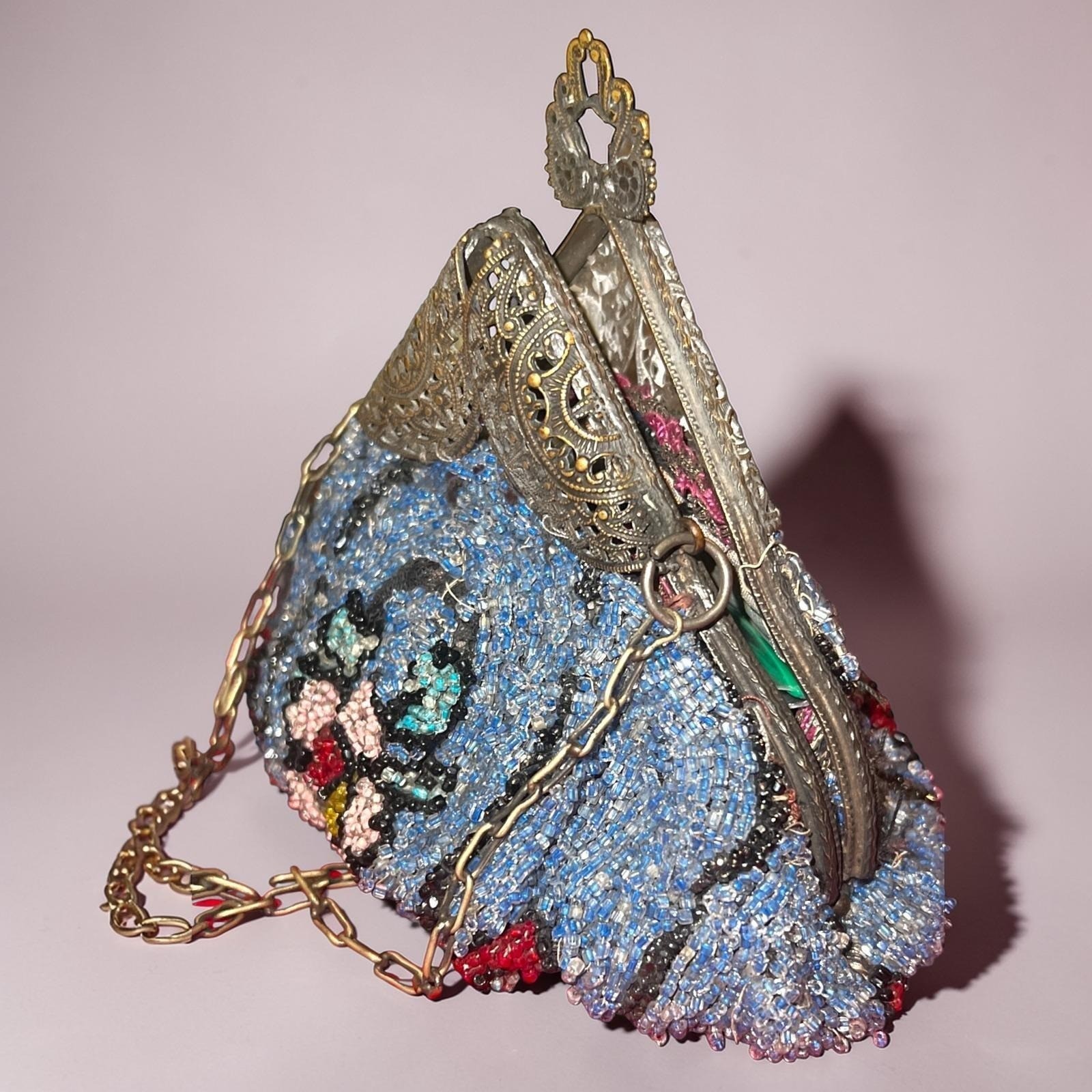 Antique 1920s Art Deco Micro Beaded Flapper Purse Floral Czech Glass Evening Bag