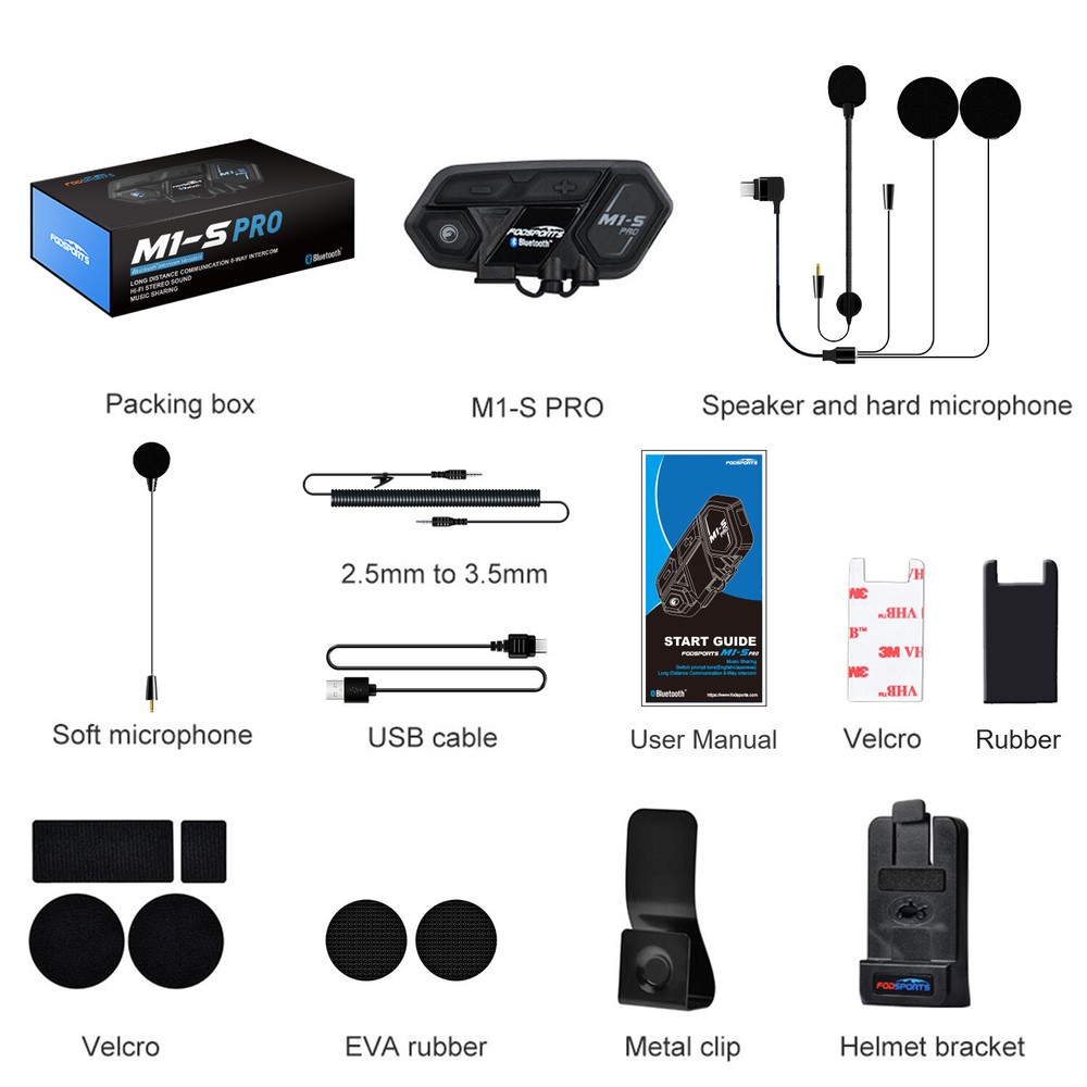 M1-S Pro Motorcycle Helmet Intercom Bluetooth Headset 8 Riders 2000m Interphone