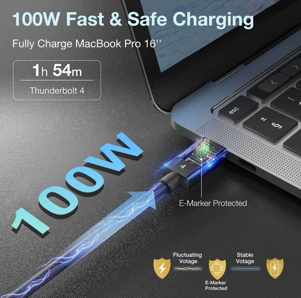 Thunderbolt 4 Cable 40Gbps [10Ft 3M] Braided, PD Charging, High-Speed Data Tr...