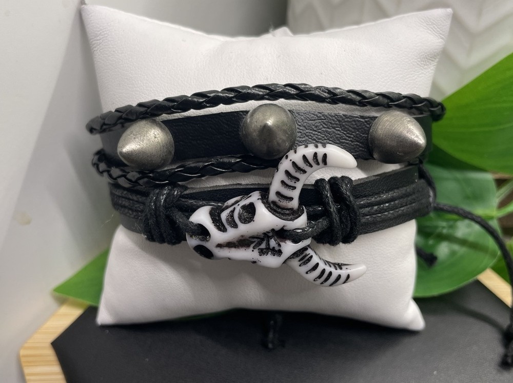 2 PC Leather Bracelet Stackable Adjustable Tie Free Ship Bull Western B5192