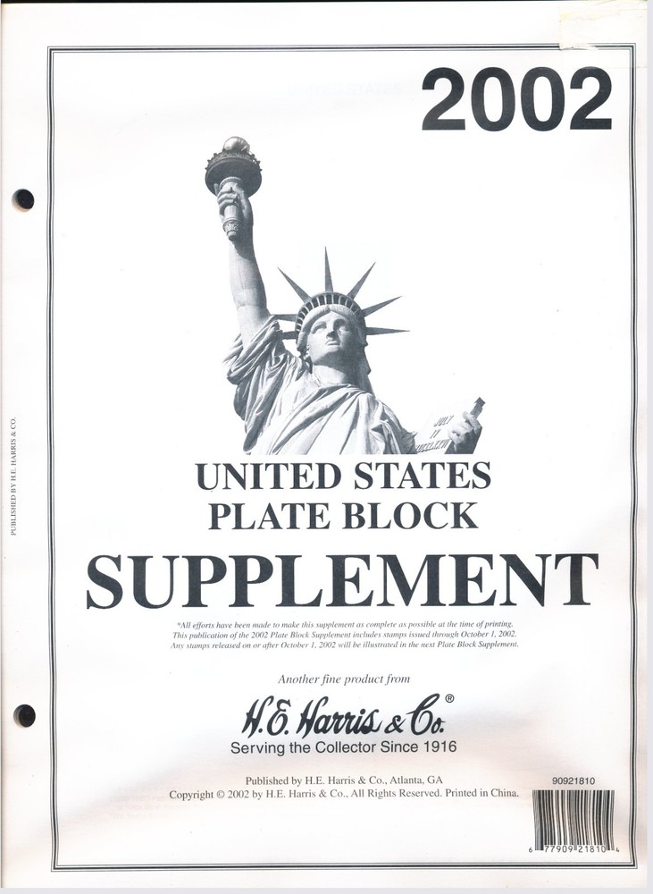 H E Harris US PLATE BLOCK Supplement for Stamp issued in 2002