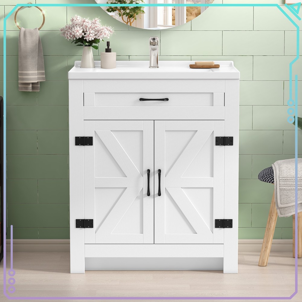 31" Freestanding Bathroom Vanity Laundry Cabinet w/ Ceramic Sink Combo, White
