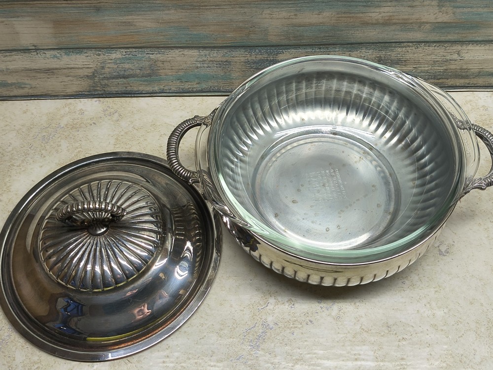 Silverplate round foote casserole dish with original Pyrex liner