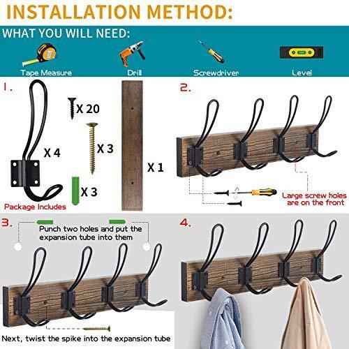 Rustic Coat Rack, Wall Mounted Coat Hook with 4 Farmhouse Hooks, Solid Pine