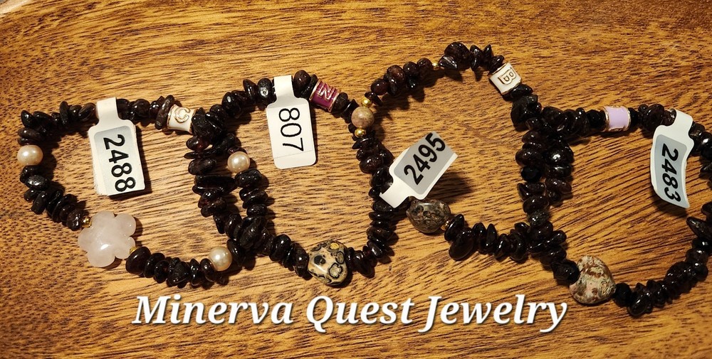 Handmade ARTISAN Garnet Chip Rose Quartz Initial "C" Bracelet #2488