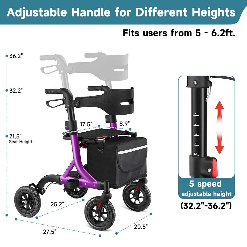 MAXWALK All-Terrain Rollator Walker for Seniors 8"Rubber Wheels Foldable Walker