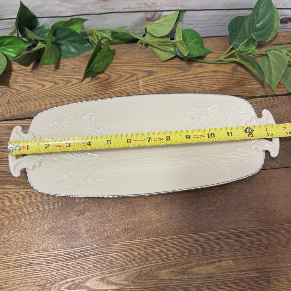 Lenox Ivory Rectangular Celery Asparagus Serving Tray Platter 13.5" Silver Trim