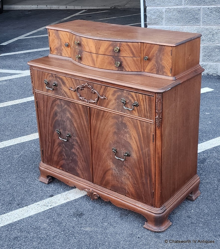 Flame Mahogany Chippendale Style Dining Room Server Silverware Cabinet, 1940s