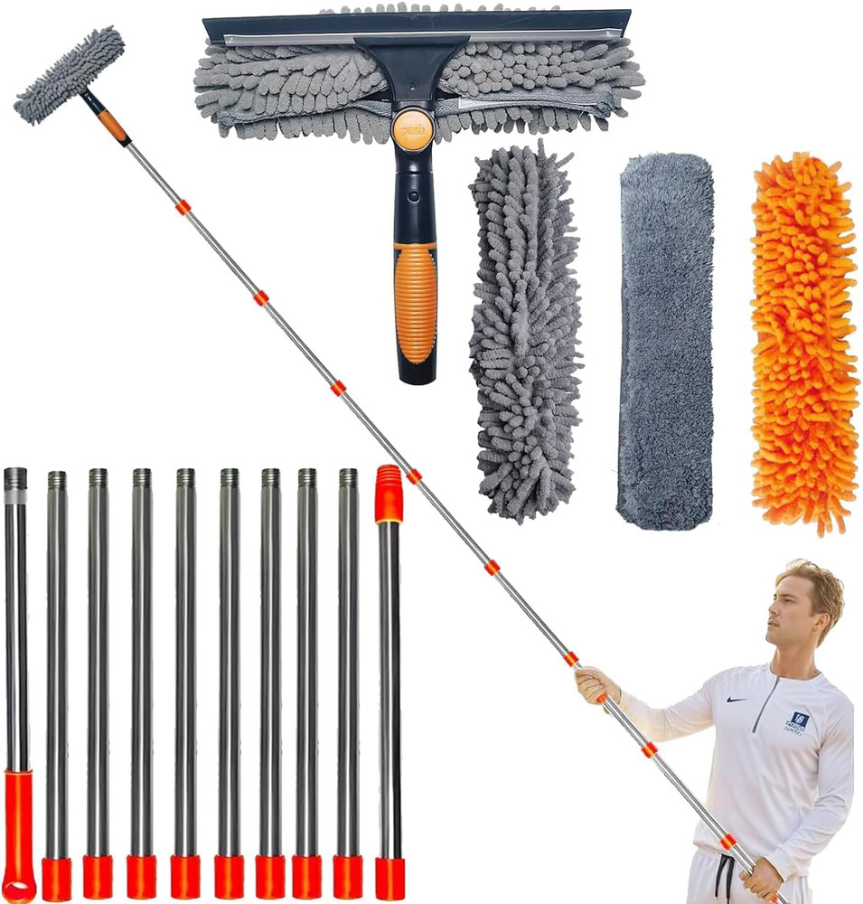 20 Ft+ Reach Squeegee Window Cleaner Duster 2 in 1 Rotatable Window Cleaning Too