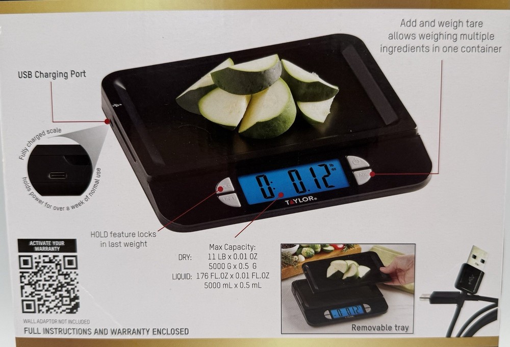 Kitchen Scale Taylor 11 LB USB Rechargeable Multi-Function Cord Included