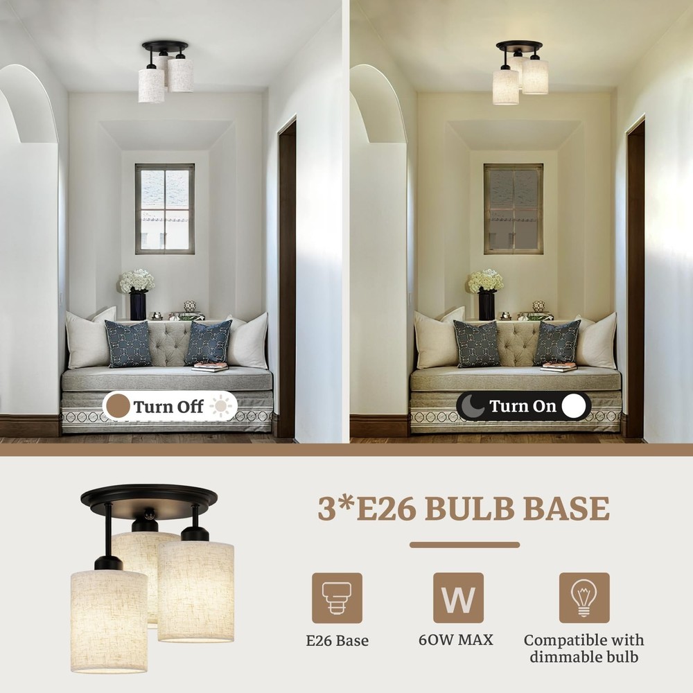 Semi Flush Mount Ceiling Light, 3-Light Close to Ceiling Light Fixtures, Matt...
