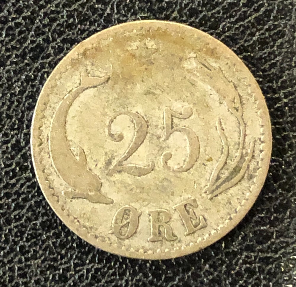 1874 Denmark Twenty Five 25 Ore World Silver Coin