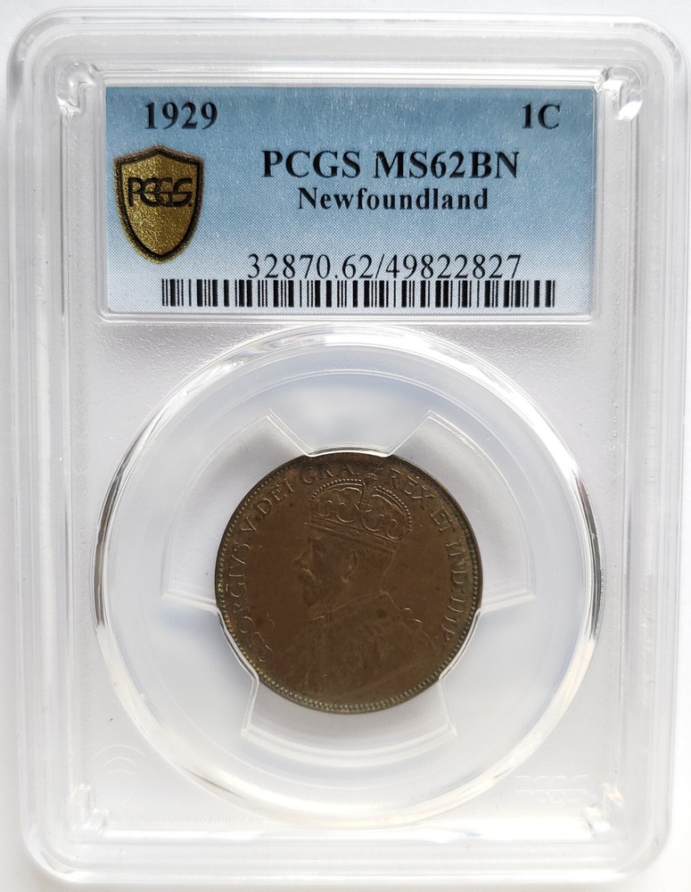 1929 NEWFOUNDLAND (CANADA) 1 CENT - PCGS CERTIFIED MS62 - LARGE ONE CENT