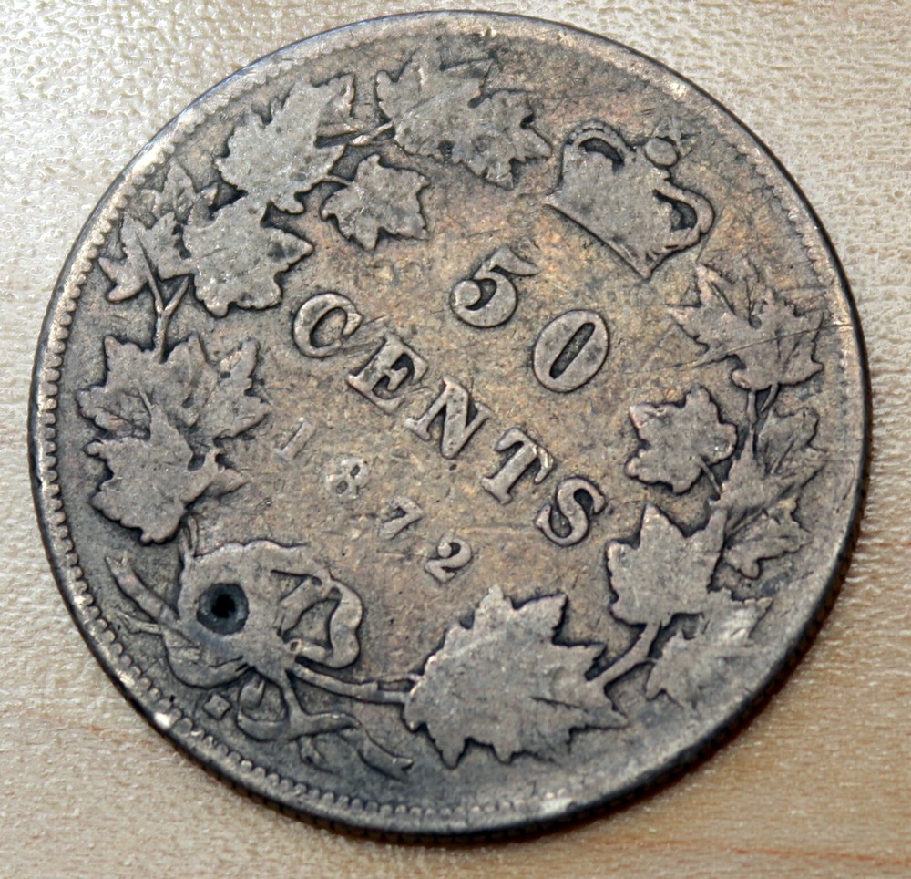 1872 Canada 50 Cents Silver Holed Inverted A/V