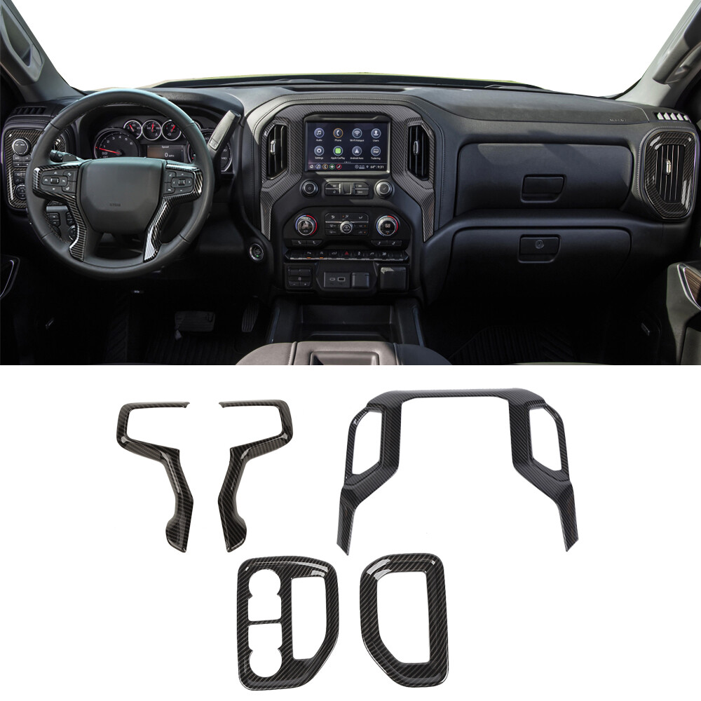 Carbon Fiber Steering Wheel Navigation Dash Cover Trim For Chevy Silverado 19-25