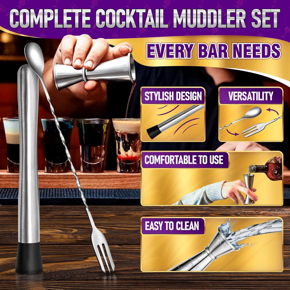 3 Pcs Muddler Set - Bar Muddler, Cocktail Spoon & Jigger for Mixing Drinks